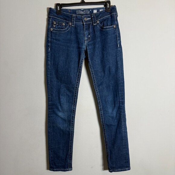 Miss Me Bedazzled Thick Stitch Skinny Jeans Women's 27 Dark Wash Embroidered - Picture 4 of 15
